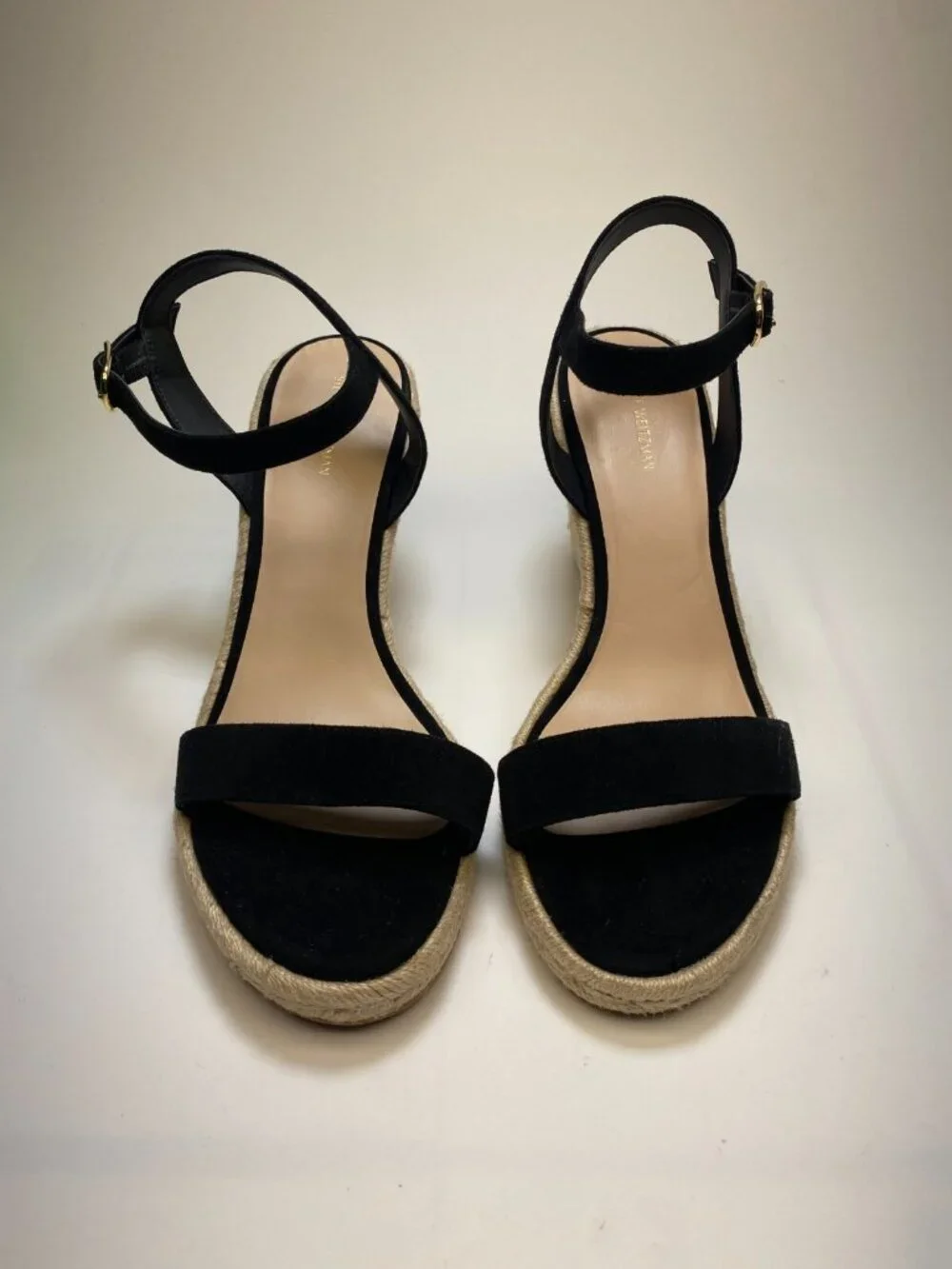 Stuart Weitzman Women's Teddi Black Suede Espadrille Wedge Heel Sandals Sz 10.5